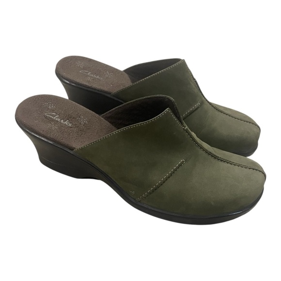 Clarks Shoes - Clarks Women's Olive Green suede Wedge Mules - 8.5